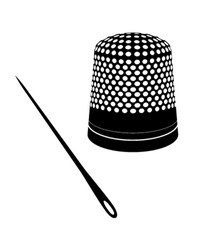 Detailed vector illustration of thimble and needle silhouettes.