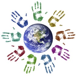 Multi-coloured hands joined around the world (nasa imagery)