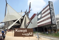 MILAN, ITALY-JUNE 05, 2015: the Kuwait and United States of America pavillions at EXPO 2015, in Milan.