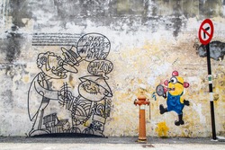 GEORGETOW, PENANG, MALAYSIA - March 26, 2015: Wire steel rod wire art around Penang George town area heritage zone.Sculpture
by local artist.
