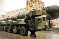 Modern ballistic nuclear rockets on rehearsal of military parade in Moscow, Russia