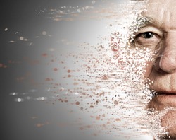 Elderly man's face falling apart. Aging concept