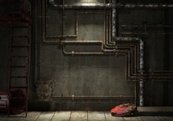 grunge interior room of an abandoned industrial warehouse showing a concrete wall with lots of pipes, stairs and a garbage can. Check my gallery for more images of the kind.