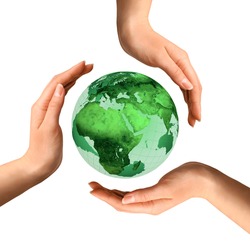 Conceptual recycling symbol made from hands over Earth globe Environment and ecology concept