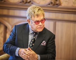 KIEV, UKRAINE - Sep 12, 2015: World-famous musician, composer and singer Elton John well-known in world for his charitable activity in fight against AIDS against his meeting with President of Ukraine