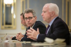 KIEV, UKRAINE - Sep 23, 2015: President of Ukraine Petro Poroshenko had a meeting with Chairman of the U.S. Senate Committee on Armed Services Senator John McCain.