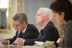KIEV, UKRAINE - Sep 23, 2015: President of Ukraine Petro Poroshenko had a meeting with Chairman of the U.S. Senate Committee on Armed Services Senator John McCain.