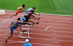 PARIS, FRANCE - SEP.13: Athletes on the 110 hurdles race on DecaNation International Outdoor Games on September 13, 2015 in Paris, France.