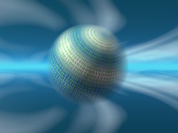 A free interpretation of a virtual server in the internet cosmos, data streams. 3D illustration, background