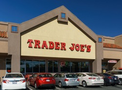SANTA CLARITA,CA/USA - OCTOBER 31, 2015: Trader Joe's exterior and sign. Trader Joe's is an American privately held chain of specialty grocery stores headquartered in Monrovia, California.