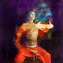 Woman in Asian Yoga Qigong influenced pose in a rust cylinder. Photo based illustration.