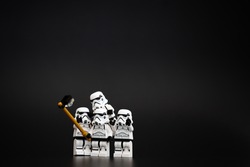 Orvieto, Italy - November 15th 2015: Group o Star Wars Lego Stormtroopers mini figures take a selfie. Lego is a popular line of construction toys.