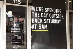 CONSHOHOCKEN, PA - NOV 27: REI stores throughout the United States closed for Black Friday. This window sign notifies would be shoppers the store is closed on November 27, 2015 in Conshohocken, PA.