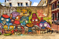 PANAMA CITY 24-10-2015 PANAMA: Street art by unidentified artist. The well placed art tolerated by the city and well blend in the Old Town. The city is also the political and administrative center.
