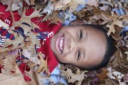 Young African-American boy in seasonal Fall leaves