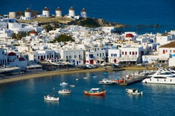 Chora port with Windmills in the background, Mykonos, Cyclades, Greece