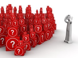 Man is headaches and stress seeing group of question mark cube box 3d illustration