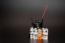 Orvieto, Italy - January 12th 2015: Group o Star Wars Lego Stormtroopers mini figures take a selfie with Darth Vader. Lego is a popular line of construction toys manufactured by the Lego Group