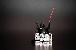 Orvieto, Italy - January 12th 2015: Group o Star Wars Lego Stormtroopers mini figures take a selfie with Darth Vader. Lego is a popular line of construction toys manufactured by the Lego Group