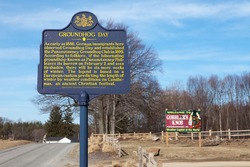 PUNXSUTAWNEY, PA - MARCH 29: Signage at Gobblers Knob on March 29, 2015 in Punxsutawney, PA. The sign marks the annual Groundhog Day celebration held on February 2nd.