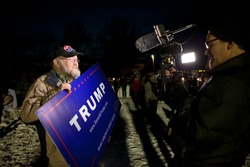 MANCHESTER, NH - FEBRUARY 6: Unidentified supporter of Presidential Candidate Donald Trump answers questions for the media prior to the Republican Primary Debate on February 6, 2016 in Manchester, NH.