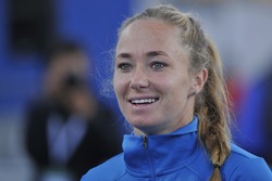 EILAT, ISRAEL - FEBRUARY 06, 2016: Professional tennis player Julia Glushko from Israeli national team during the BNP Paribas FedCup game 2016 at ?Eilat Tennis Center in Israel