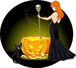 A sexy witch mixes a potion in her cauldron. Background on separate layer for easy editing.