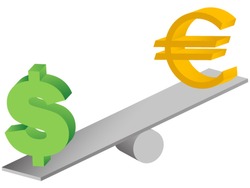 euro and dollar symbols on seesaw-concept of global currencies instability and financial crisis