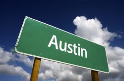 Austin Road Sign with dramatic blue sky and clouds - U.S. State Capitals Series.