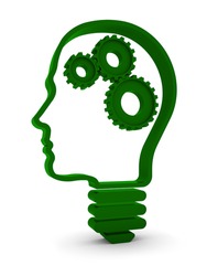 Human head / light bulb with mechanical parts inside. Part of a series.