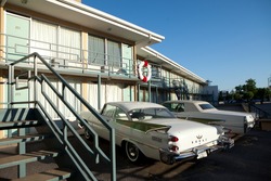 MEMPHIS - MAY 3: A wreath on the balcony at the Lorraine Motel marks the spot where Reverend Martin Luther King, Jr. was assassinated on April 4, 1968. Image captured on May 3, 2014 in Memphis.