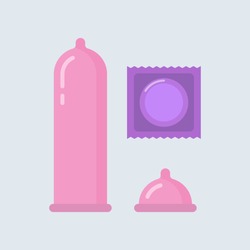 Condom vector illustration. Contraceptive method. Condom wrapper, pack in flat style. Safe sex. Caution against pregnancy. Protection from sexually transmitted diseases.