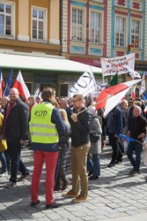 WROCLAW, POLAND - APRIL 03, 2016: Committee for the Defence of Democracy supporters protesting in Wroclaw