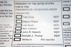 LEOLA, PA - APRIL 11: Illustrative editorial photo focused on Donald J. Trump's name on an absentee ballot for the Pennsylvania Primary photographed on April 11, 2016 in Leola, PA.