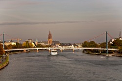 Skyline von Frankfurt, view from "Friedensbrücke" over the river Main with beautiful sky
