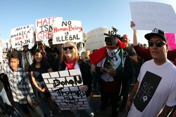 Costa Mesa, CA - April 28, 2016: Fish Eye Shots of supporters and protesters of republican presidential candidate Donald Trump, cheer and jeer while waiting to hear him speak in Costa Mesa CA.