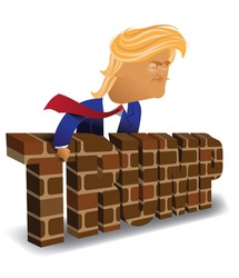 MAY 6, 2016: Illustrative editorial cartoon of Donald Trump behind a brick wall. EPS 10 vector.