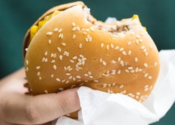 A fast food cheeseburger with a bite taken out of it / one bite taken out of it / Bitten hamburger.
