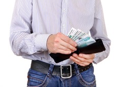 Man take out the Russian Currency from the Wallet Isolated on the White Background