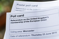 WORCESTER, UK - MAY 2016: A poll card for the referendum on the UK's membership of the EU
