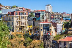 VALPARAISO, CHILE - FEBRUARY 15, 2016: Colorful buildings on the hills of the UNESCO World Heritage city of Valparaiso, Chile