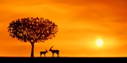Orange evening savanna scenery with two antelopes (.JPG version id 44515186, other landscapes are in my gallery)