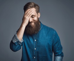 Single grinning handsome man with long beard in blue denim buttoned shirt and embarrassed expression over gray background