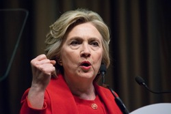 NEW YORK, USA - APRIL 13, 2016: Hillary Clinton makes an impactful gesture during a speech to the National Action Network 25th annual convention.