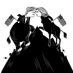 JUNE 8, 2016: Illustrative editorial cartoon of Democratic donkey Hillary Clinton and Republican elephant Donald Trump fighting to plant the American flag atop a mountain. EPS 10 vector.