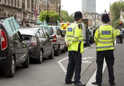 London, United Kingdom - June 18, 2016: Refugees Welcome. A fleet of vehicles met in Whitehall this morning to start a convoy to Calais, in particular The Jungle, to give aid to the refugees.