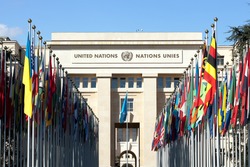 GENEVA - APRIL 28: Allee des Nations features flags of UN member countries on the grounds of the United Nations Office in Geneva on April 28, 2016.