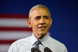 CHARLOTTE, NC, USA - JULY 5, 2016: President Barack Obama speaks at a campaign rally for the presumptive democratic nominee at the Charlotte Convention Center.