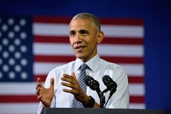 CHARLOTTE, NC, USA - JULY 5, 2016: President Barack Obama speaks at a campaign rally for the presumptive democratic nominee at the Charlotte Convention Center.