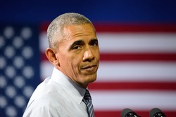 CHARLOTTE, NC, USA - JULY 5, 2016: President Barack Obama at ease while he delivers a speech at a campaign rally for the presumptive democratic nominee at the Charlotte Convention Center.